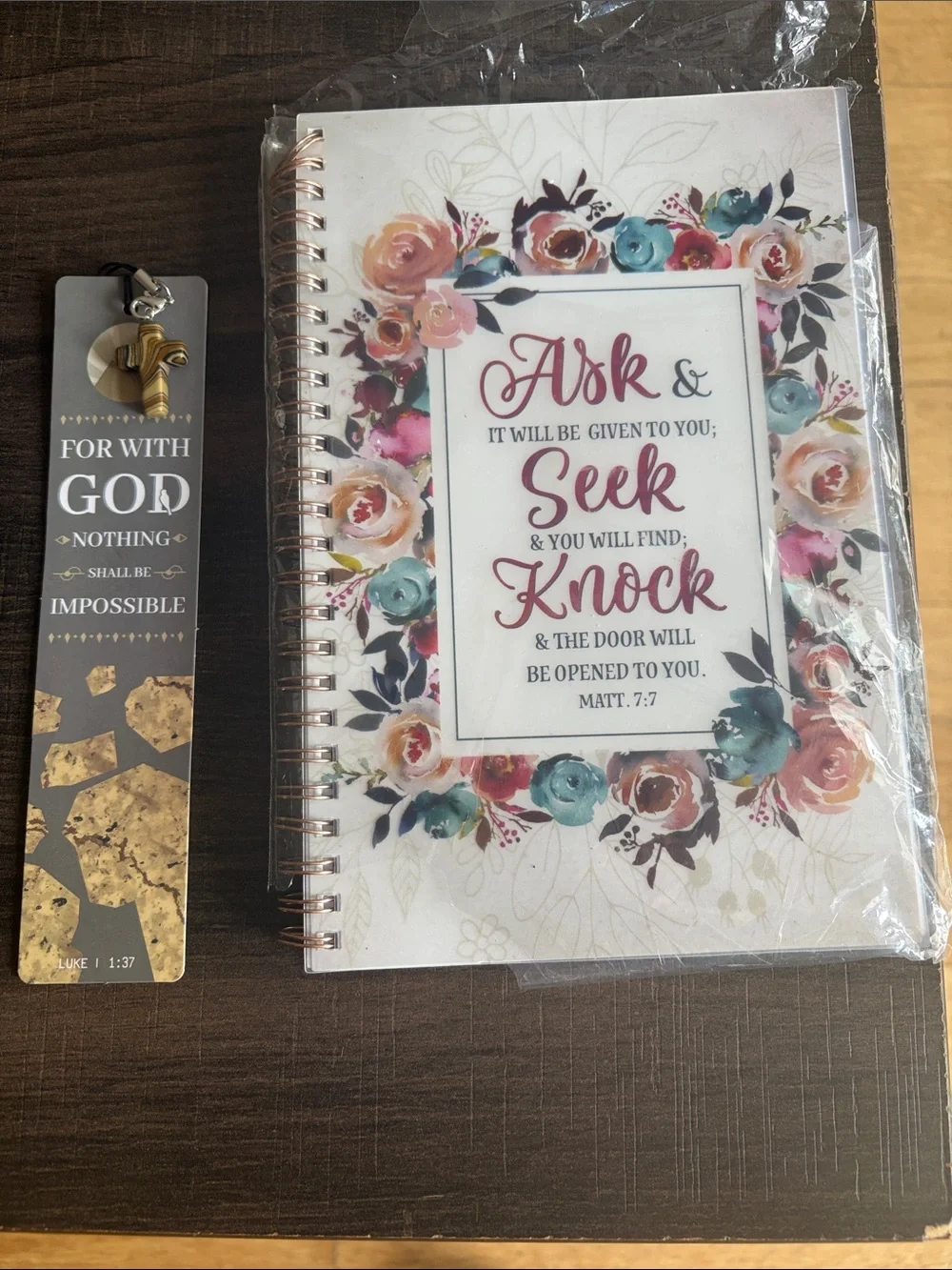 Floral 'Ask & Seek' Spiral Notebook - with Floral Accents and book mark w/ cross